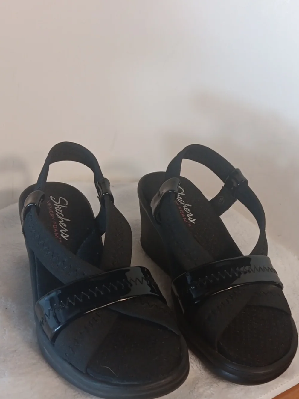 Skechers Black Women's Patent Strap Wedge Sandals